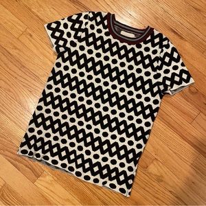 Ochirly Thick Knit Short Sleeve Sweater Black & White Pattern & Contrast Collar